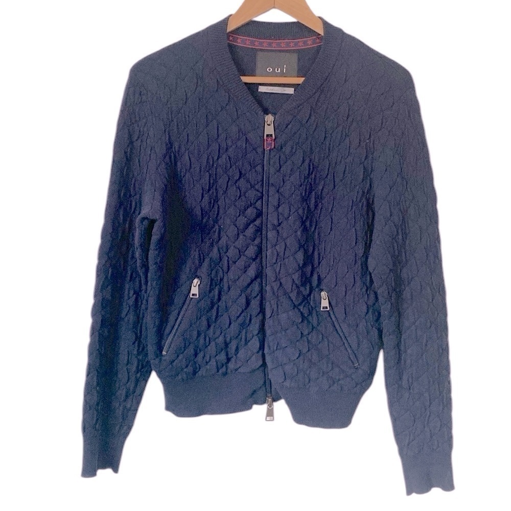Oui fill zip quilted knit Blue Cardigan Sweater size 6